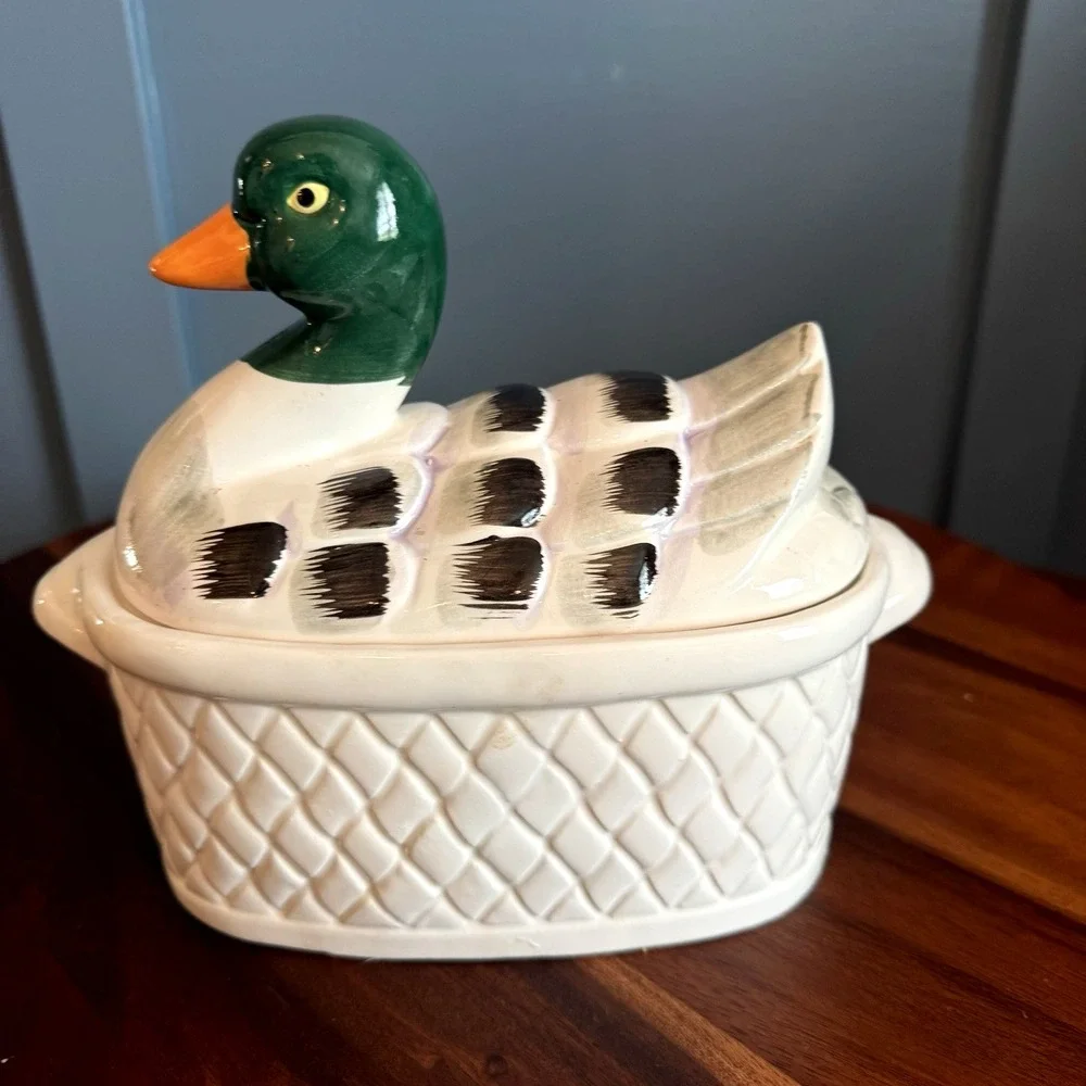 Vintage Duck on a Basket Tureen Ceramic‎ Mallard Cottagecore Farmhouse Japan